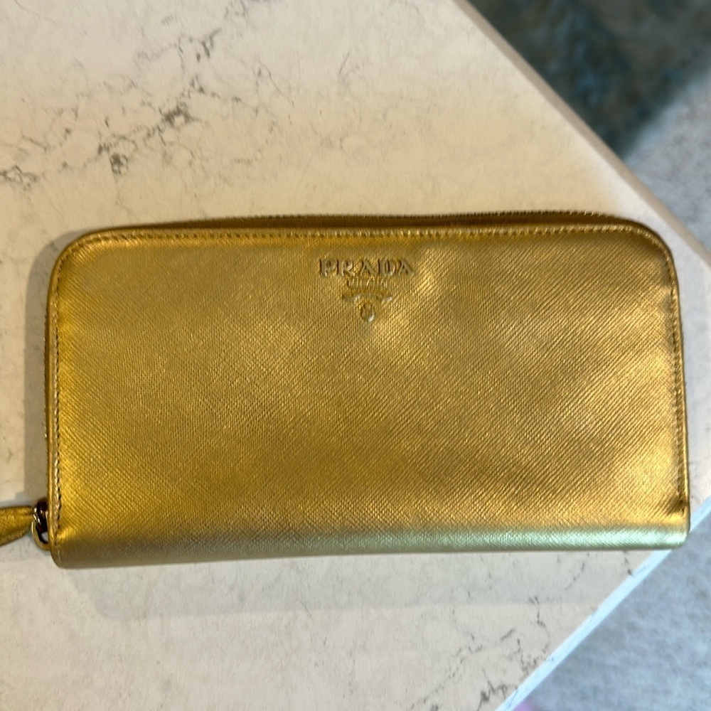 Authentic Prada gold leather continental wallet